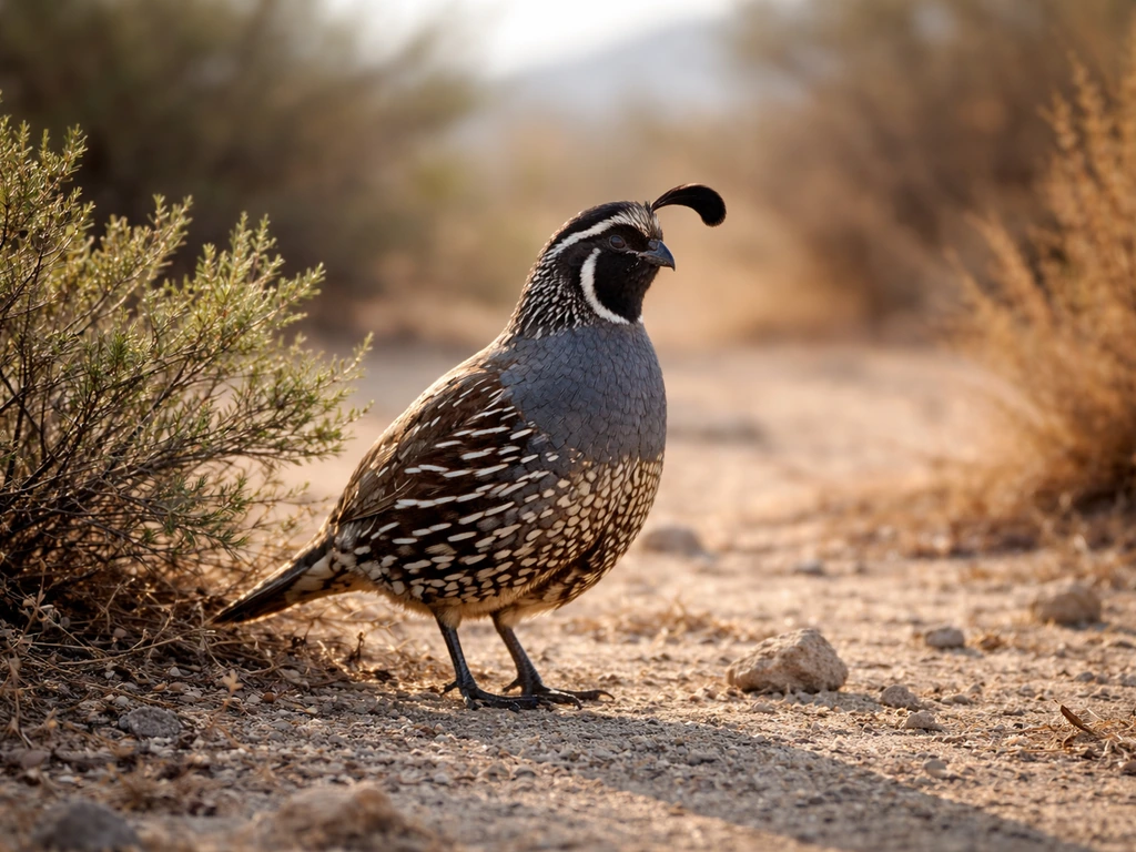 California valley quail standing on the ground in a sunlit California scrub habitat.