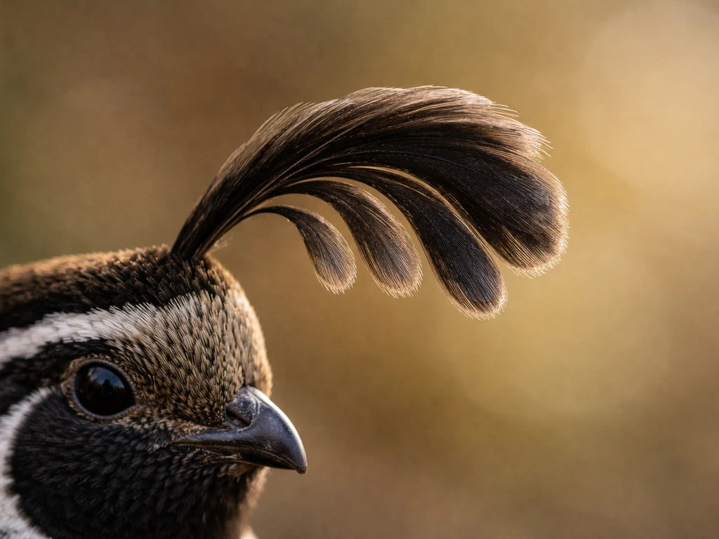 Macro close-up of a valley quail’s comma-like drooping head plume of overlapping feathers