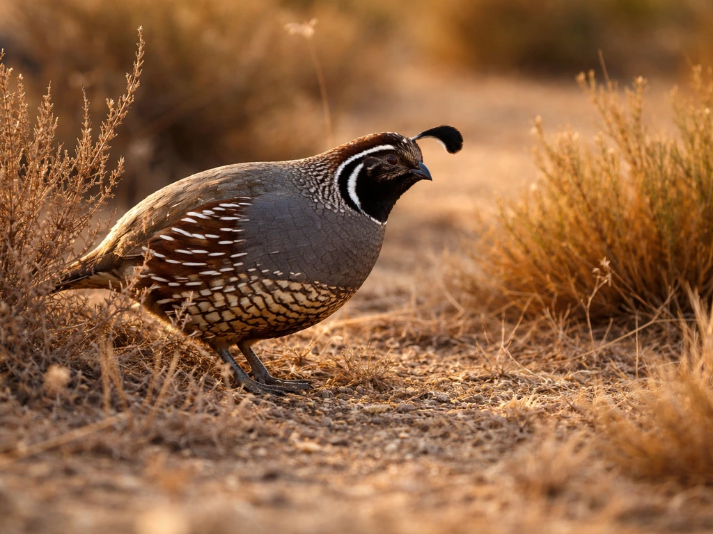Valley quail foraging on dry grass at golden hour in a quiet California scrub landscape