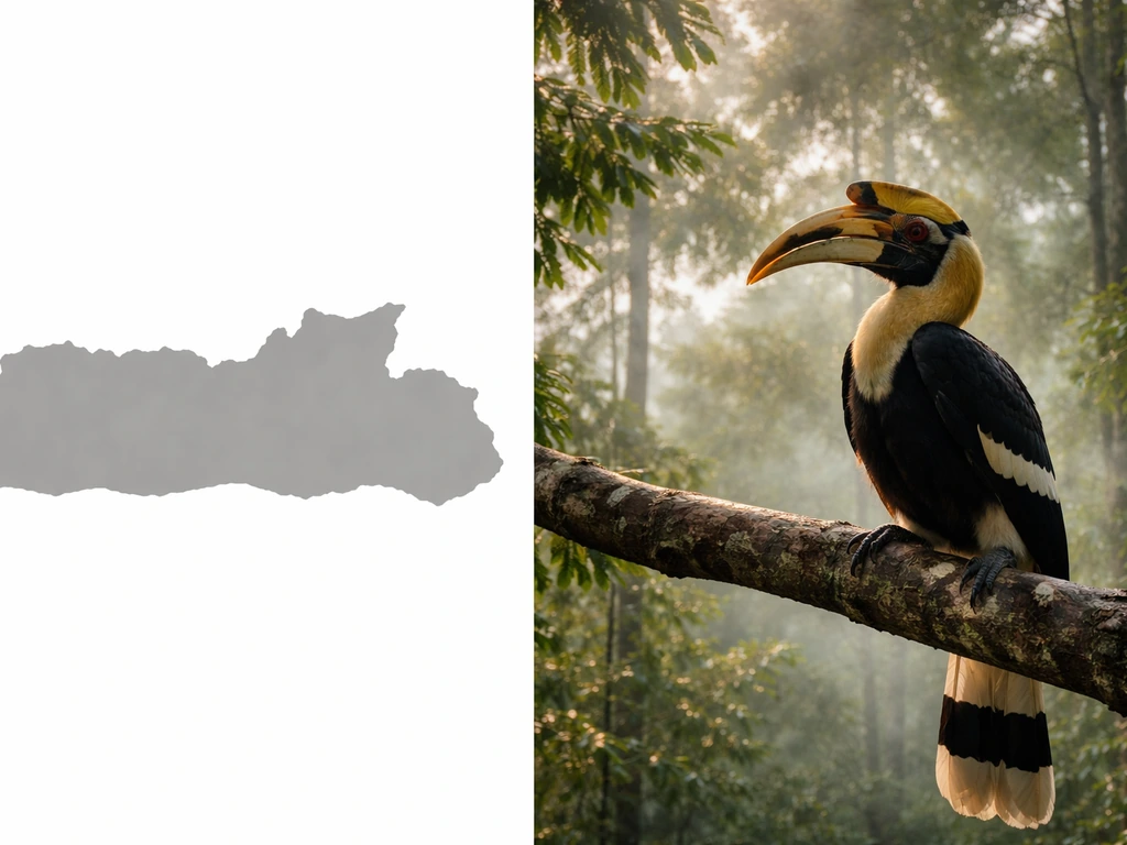 A great hornbill perched in a misty forest, with a simple Meghalaya-style outline beside it