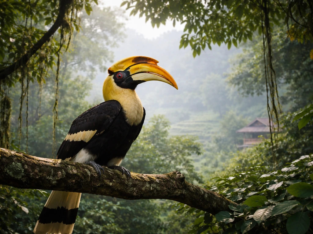 Great hornbill perched in dense evergreen forest canopy with soft misty light and subtle cultural landscape cues.