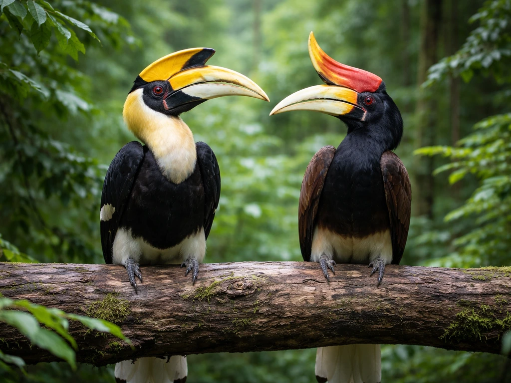 Two hornbills perched side by side in a tropical forest canopy, Great Hornbill and Rhinoceros Hornbill.