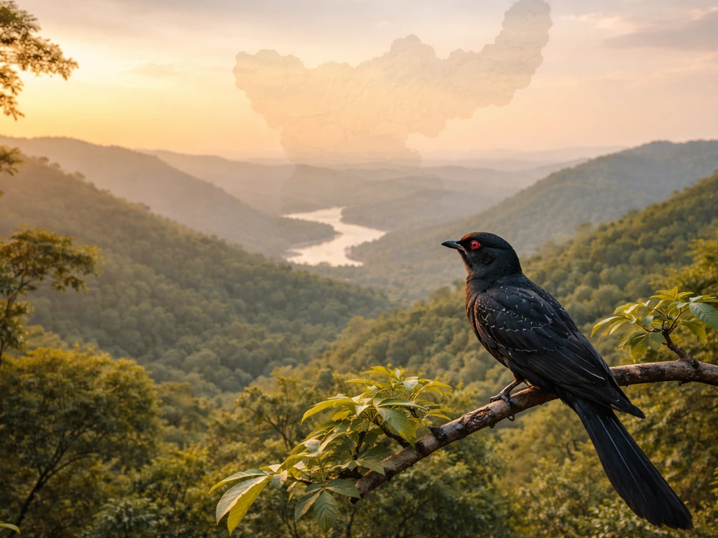 Jharkhand landscape with an Asian koel bird illustration to clarify it’s an Indian state, not U.S.