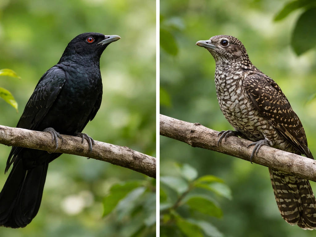 Side-by-side photos of an Asian Koel male in glossy black with green sheen and a female with brown streaked plumage.