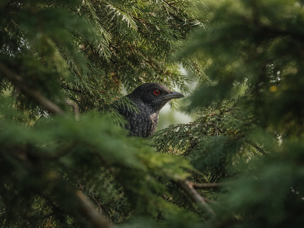 An Asian koel partially hidden in dense treetops, visible only through leaves in filtered light.