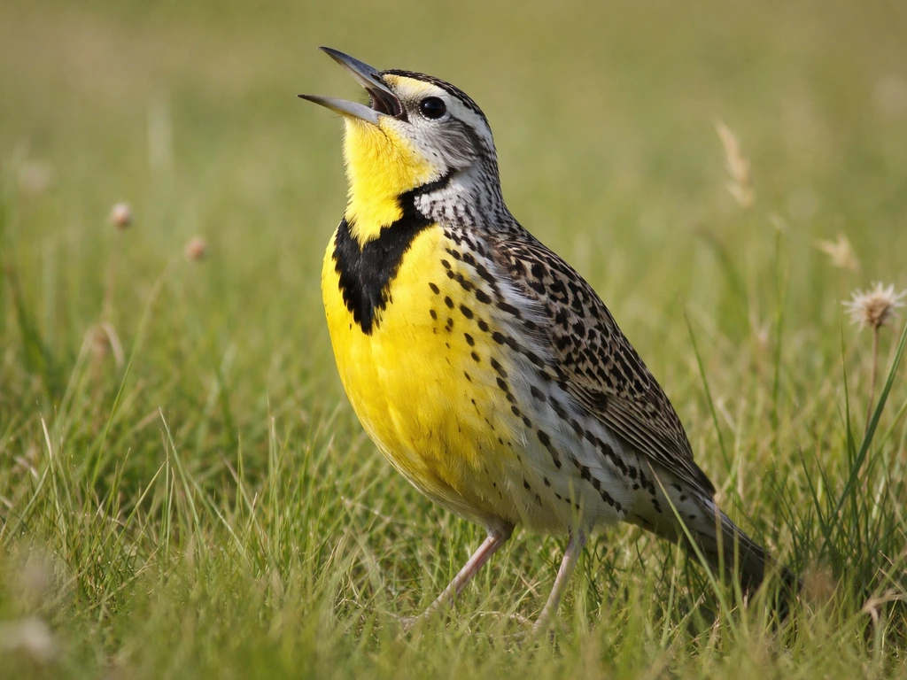 Close-up of a western meadowlark in a grassy field, showing the bold black V on a bright yellow breast.