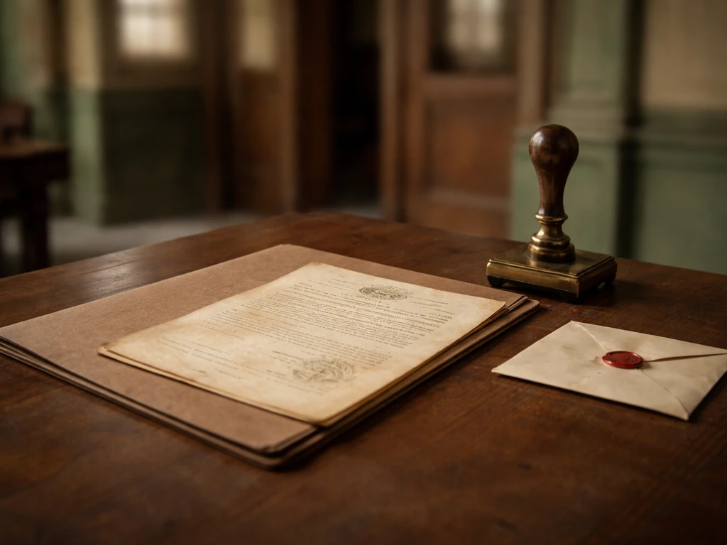 A minimal archival desk scene with a 1927-style document folder, brass stamp, and envelope in natural light.