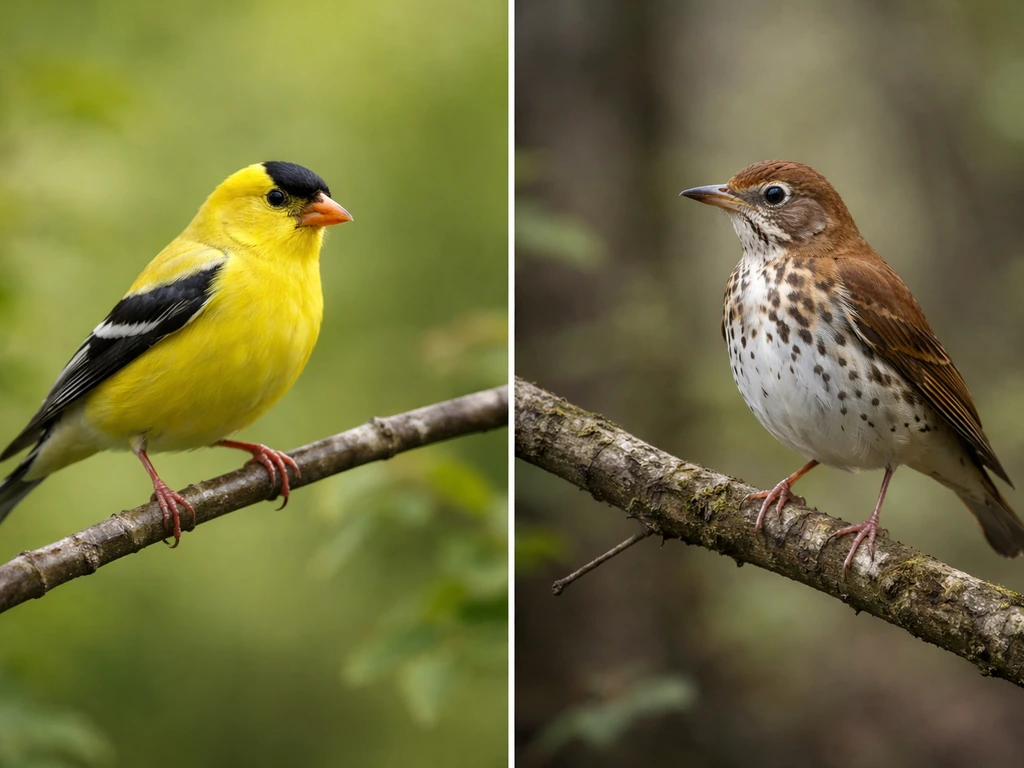 Side-by-side: willow goldfinch on one branch and a wood thrush on a separate branch.