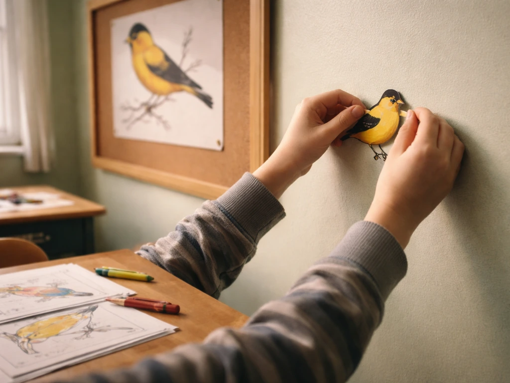 1950s classroom scene with child-sized hands pinning a small bird cutout on a corkboard.