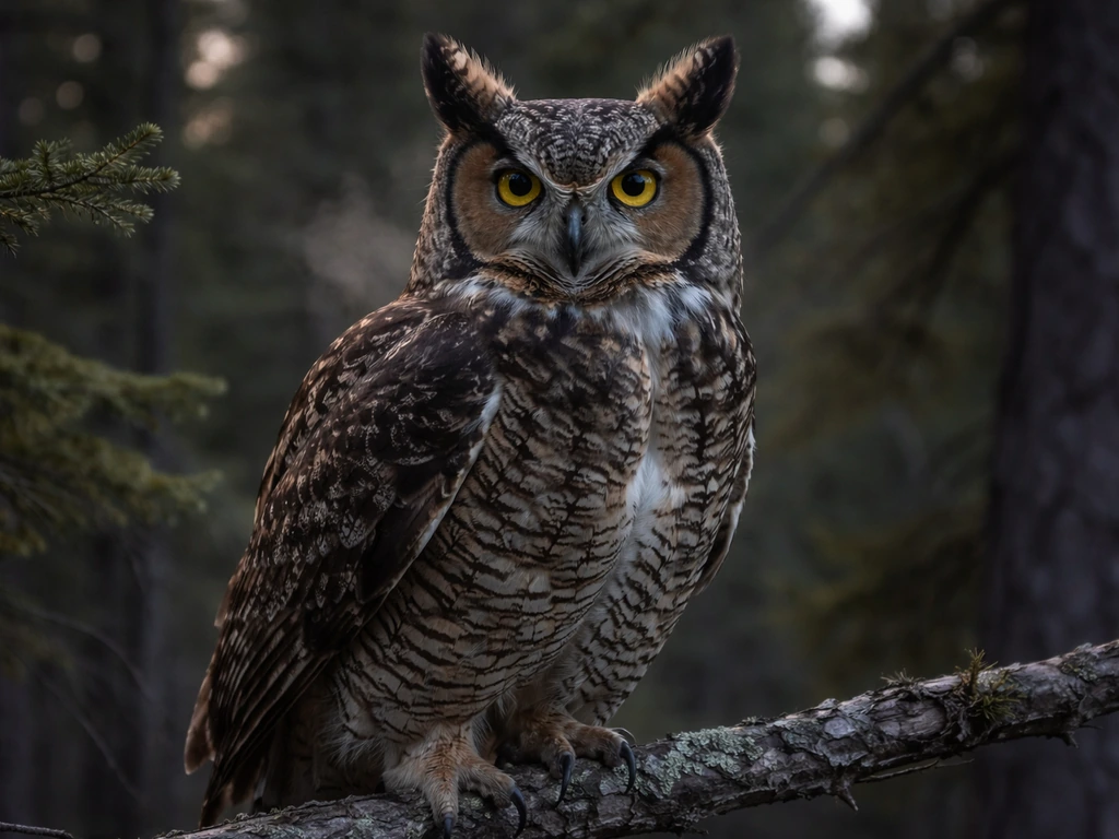 Close-up of a Great Horned Owl with prominent ear tufts and face disk in a quiet Alberta forest.