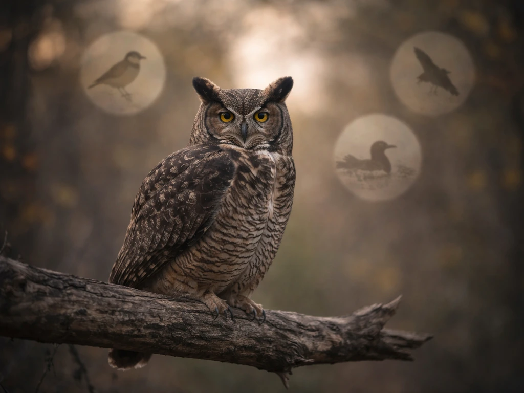 Great horned owl perched on a natural branch with subtle icons suggesting Canada’s provincial bird comparisons
