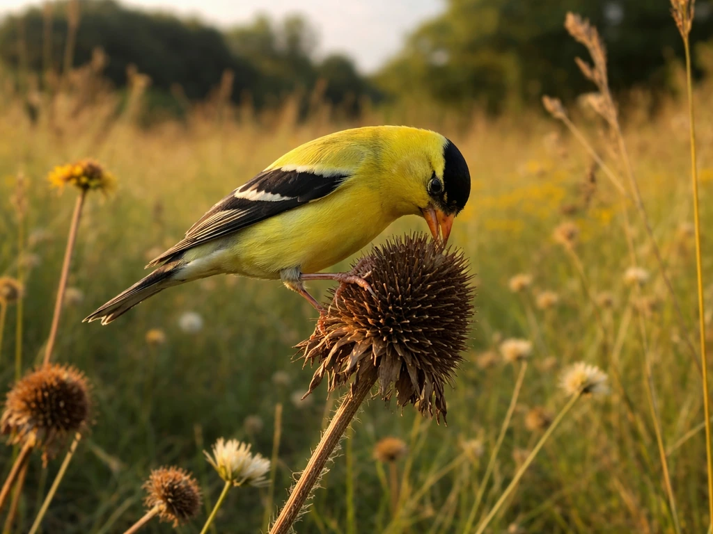 American goldfinch perched on a seed head in a sunlit New Jersey meadow