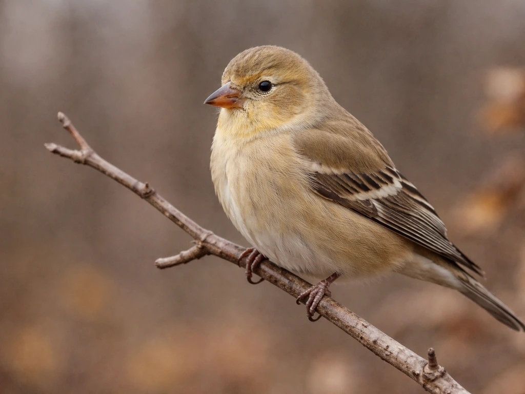 American goldfinch perched in drab brownish-olive fall/winter plumage on a bare branch