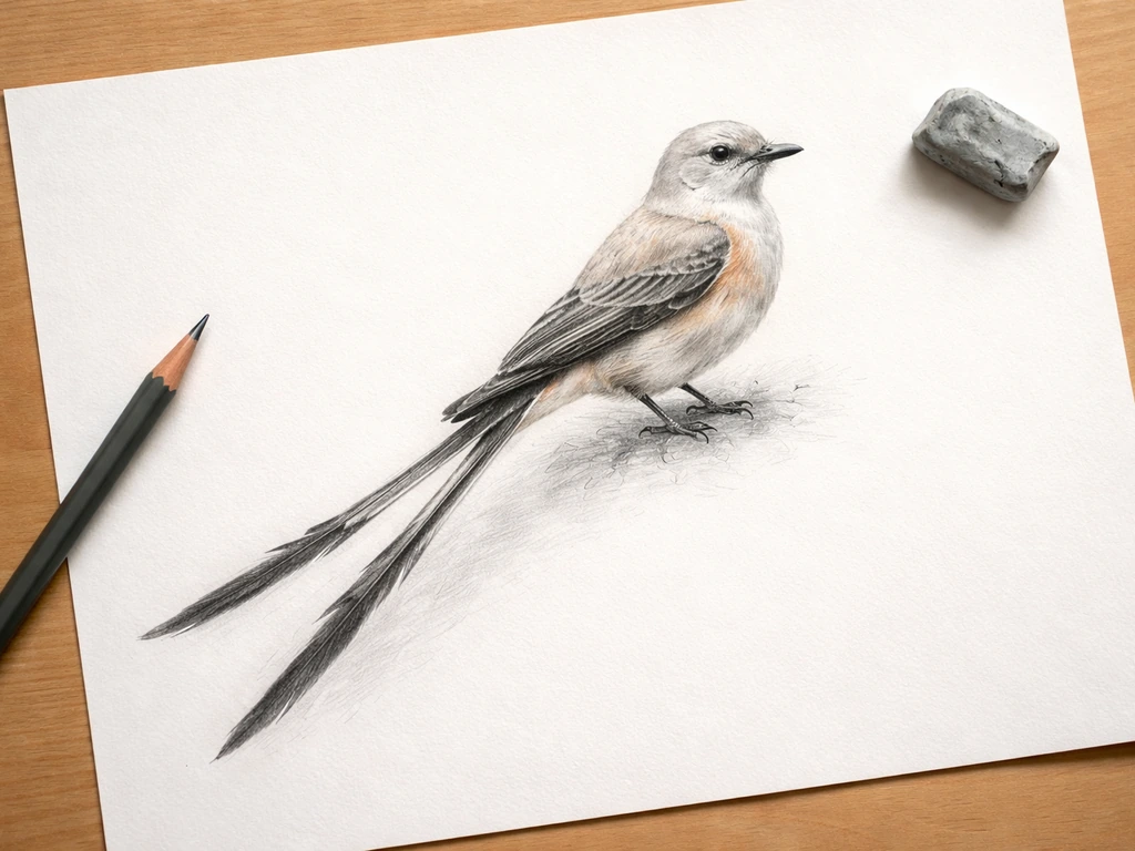 Close-up of a pencil drawing of a scissor-tailed flycatcher on plain paper with long forked tail visible.