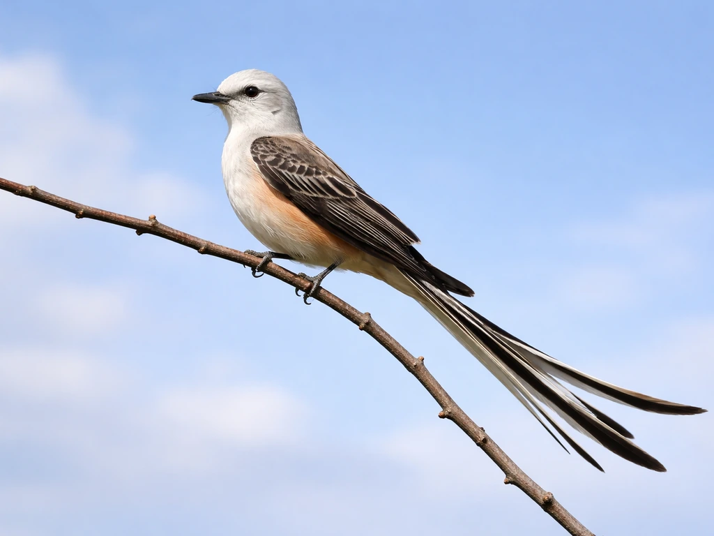 Scissor-tailed flycatcher perched on a simple branch with its pale body and long forked tail visible.
