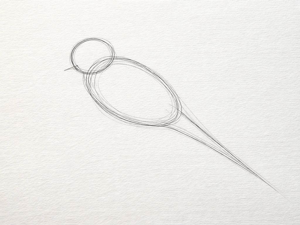 Close-up of a pencil sketch with two overlapping ovals for head and body and a long tail line.