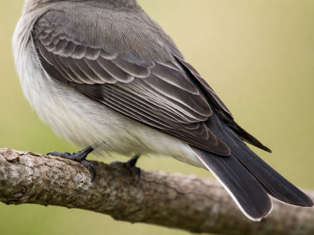 Side view of a perched bird showing folded wings along its back and wingtips stopping short of the tail tip.