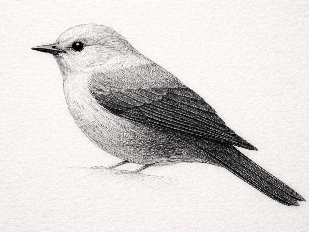 Overhead close-up of a pencil bird drawing with distinct shaded zones on head, wings, tail, and belly.