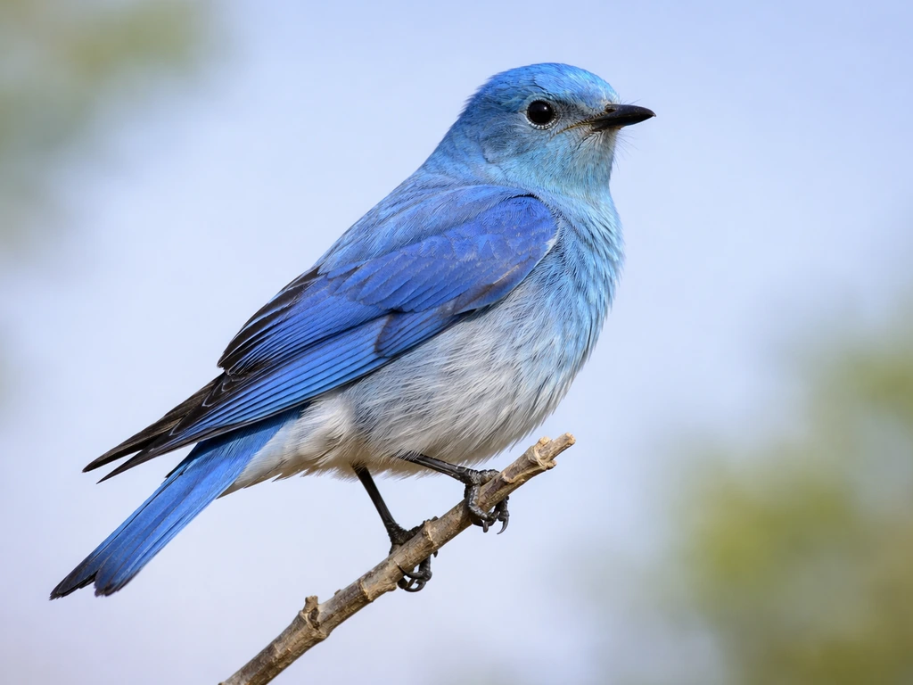 Adult male mountain bluebird perched on a twig, clear wing and tail detail in natural light.