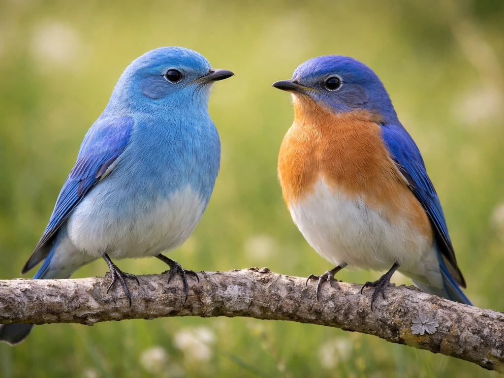Two bluebirds perched on a branch, showing mountain bluebird vivid blue versus an orange-red breast comparison.