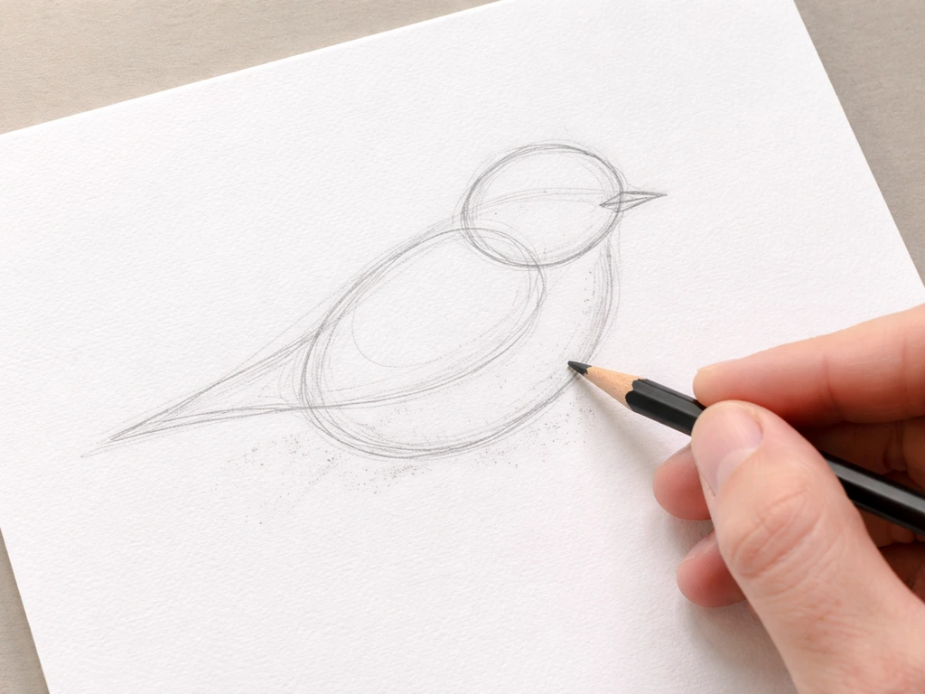 Close-up of a hand sketching overlapping ovals for a mountain bluebird shape on a clean practice page