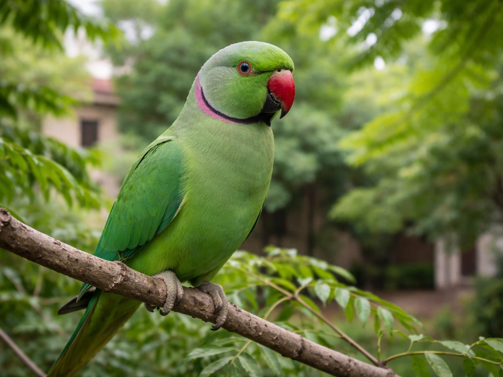 A rose-ringed parakeet perched on a neem branch amid lush green foliage, symbol-like natural setting.