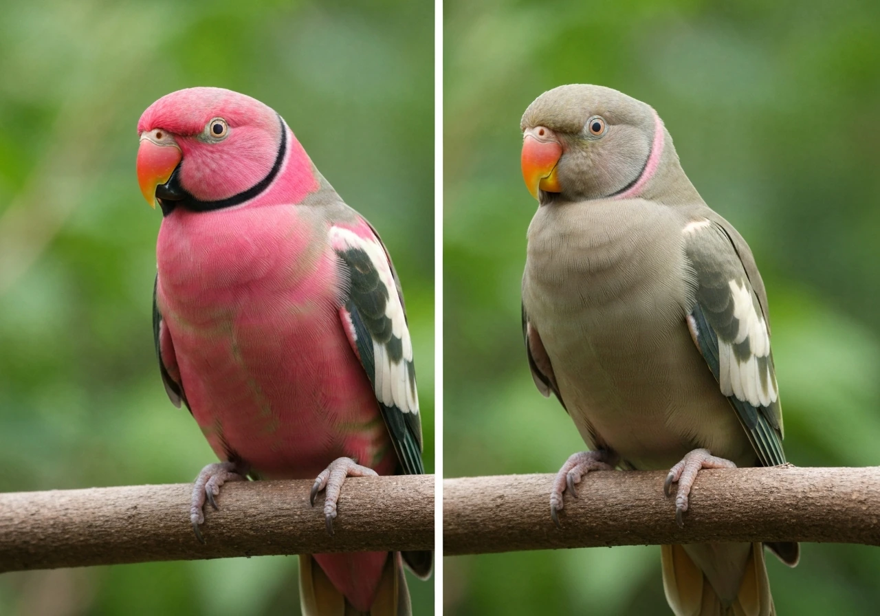 Side-by-side adult male and female rose-ringed parakeets showing contrasting neck-ring colors.