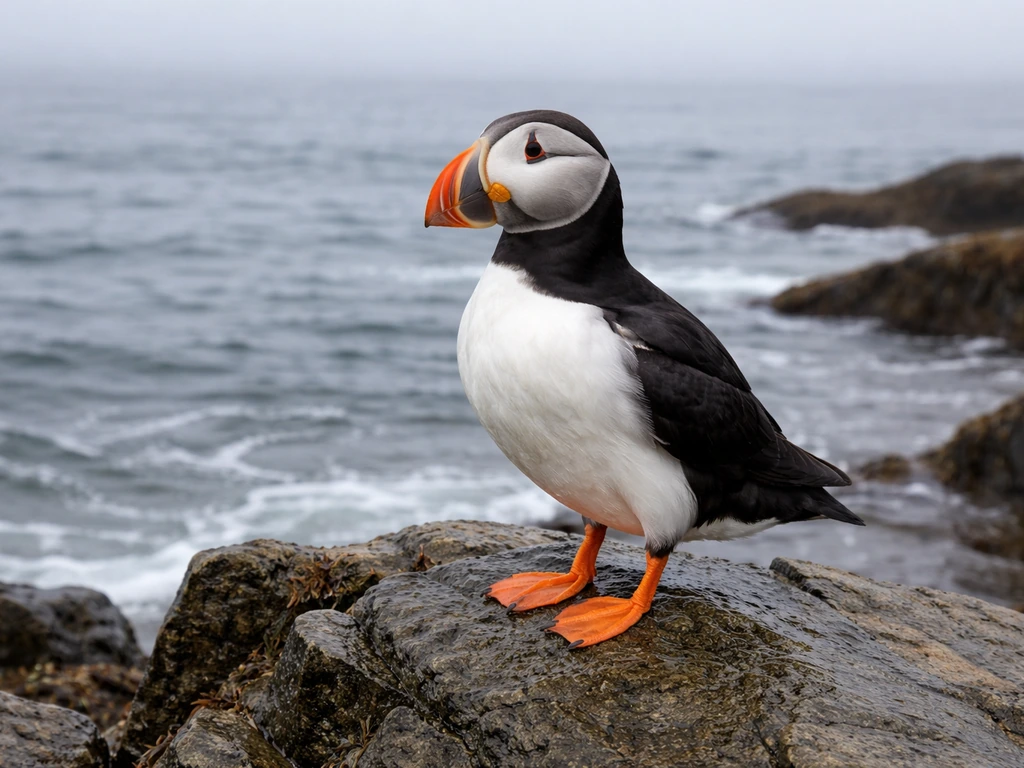 Atlantic puffin standing on rocky shoreline in Newfoundland and Labrador with ocean in the background.