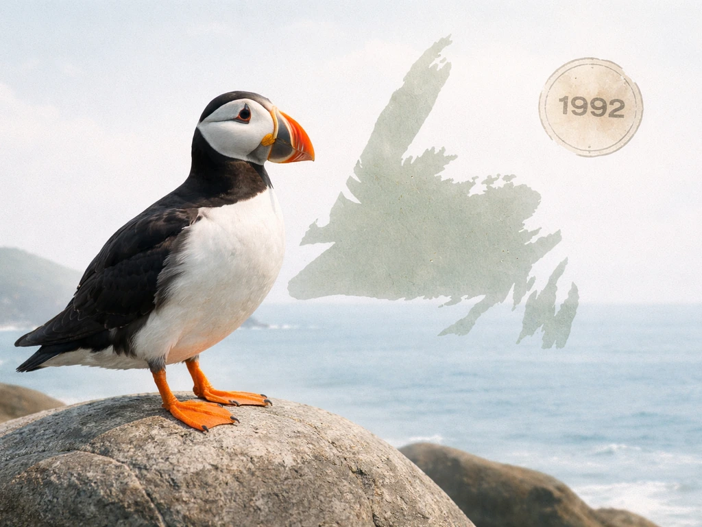 Atlantic puffin on a rock with a simplified Newfoundland and Labrador map backdrop and a subtle year marker