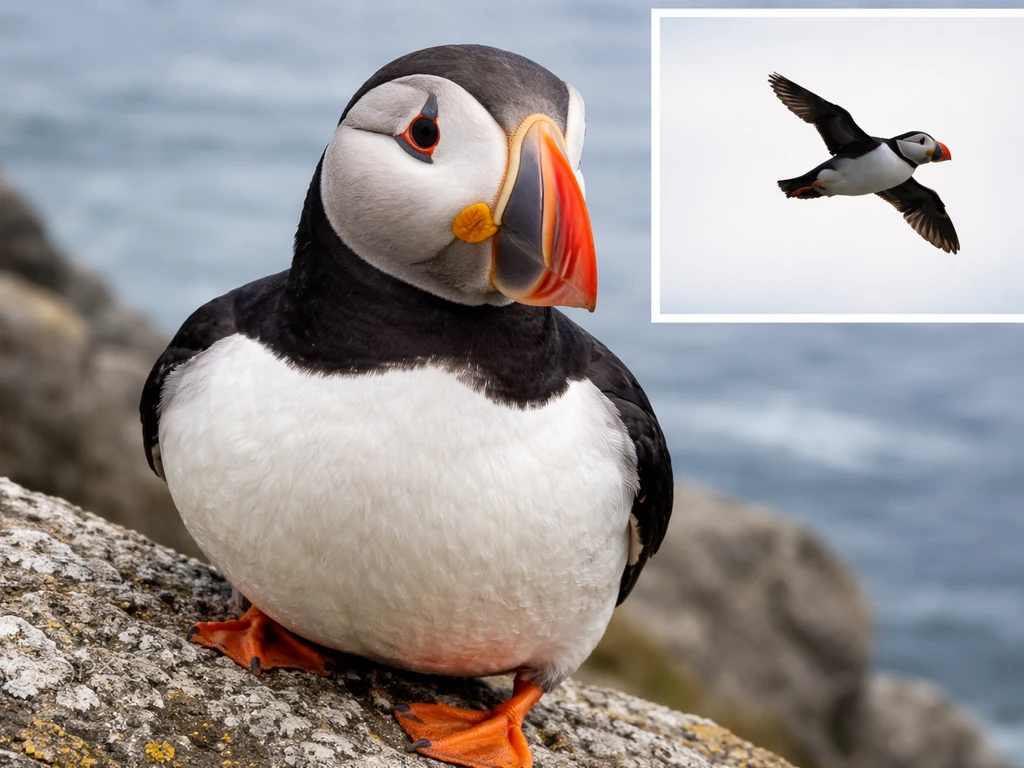 Close-up Atlantic puffin with its triangular colorful bill; small inset shows its wing silhouette in flight.