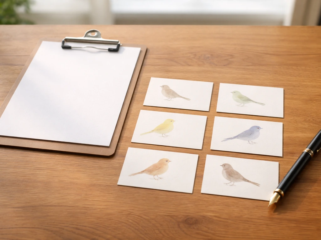 Minimal desk scene with a clipboard and several neatly arranged bird-themed cards as a table preview.