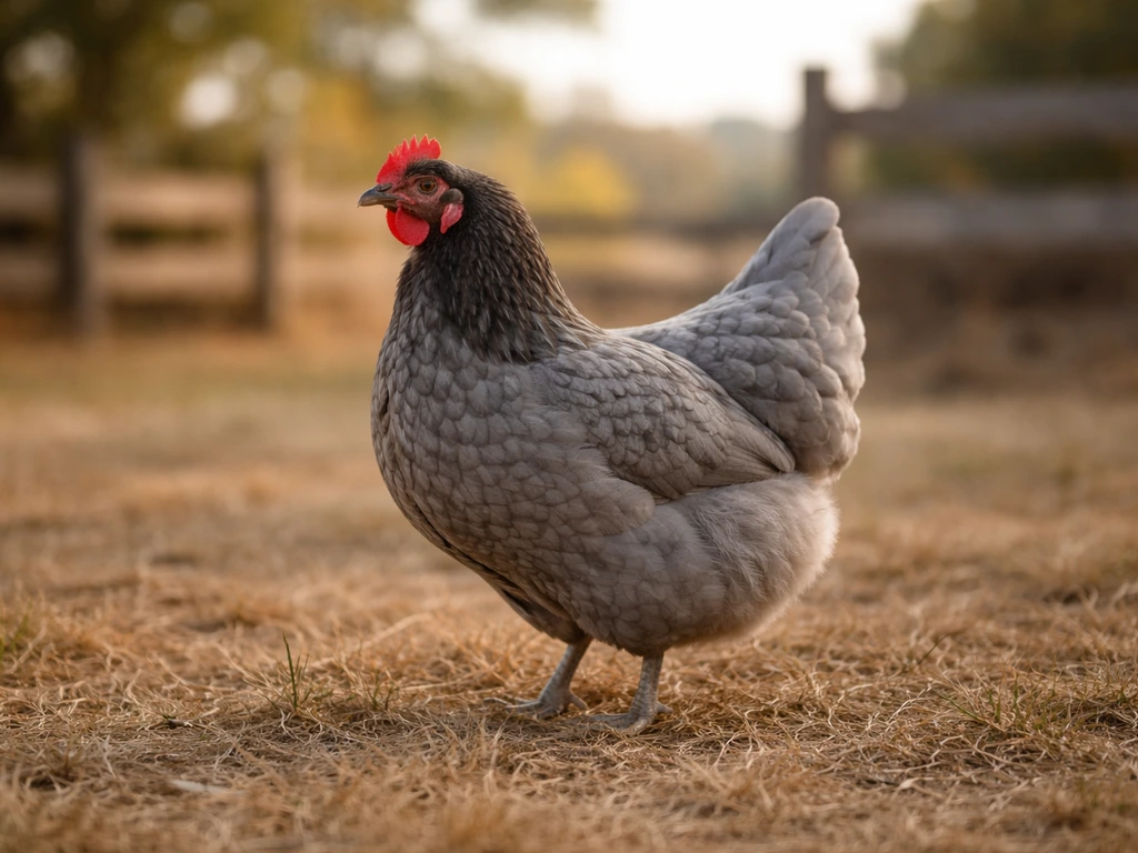 Heritage-breed domestic chicken (blue hens) standing in a simple outdoor yard in daylight.
