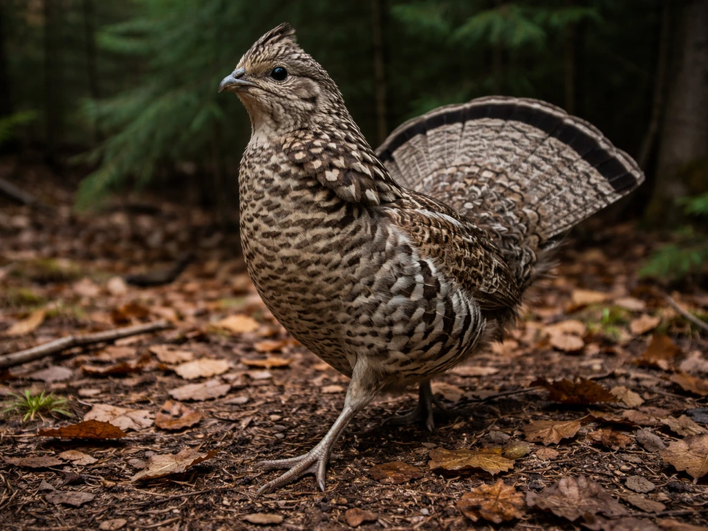 Ruffed grouse in forest leaf litter with its tail partially fanned, focused on the bird.