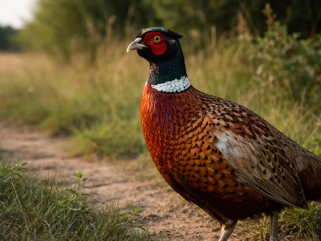 Dramatic close-up of a ring-necked pheasant standing in native-feeling grassland edge habitat.