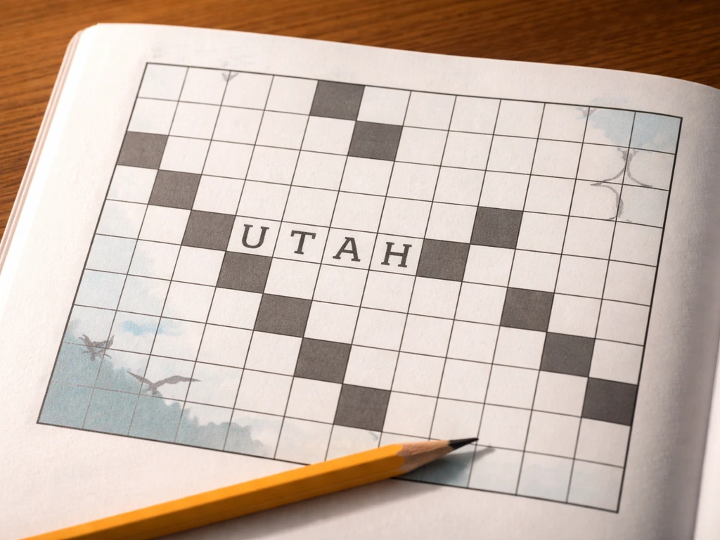 Close-up of a crossword puzzle grid with the filled word “UTAH” clearly visible on a state-symbol themed background.