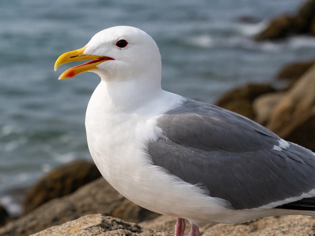 Close-up of a California gull perched near the shoreline, showing head and wing details in natural light.