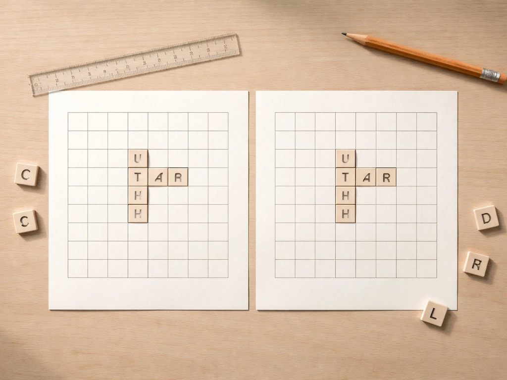 Minimal desk scene with a small 4-square grid puzzle and letter tiles indicating correct crossings.