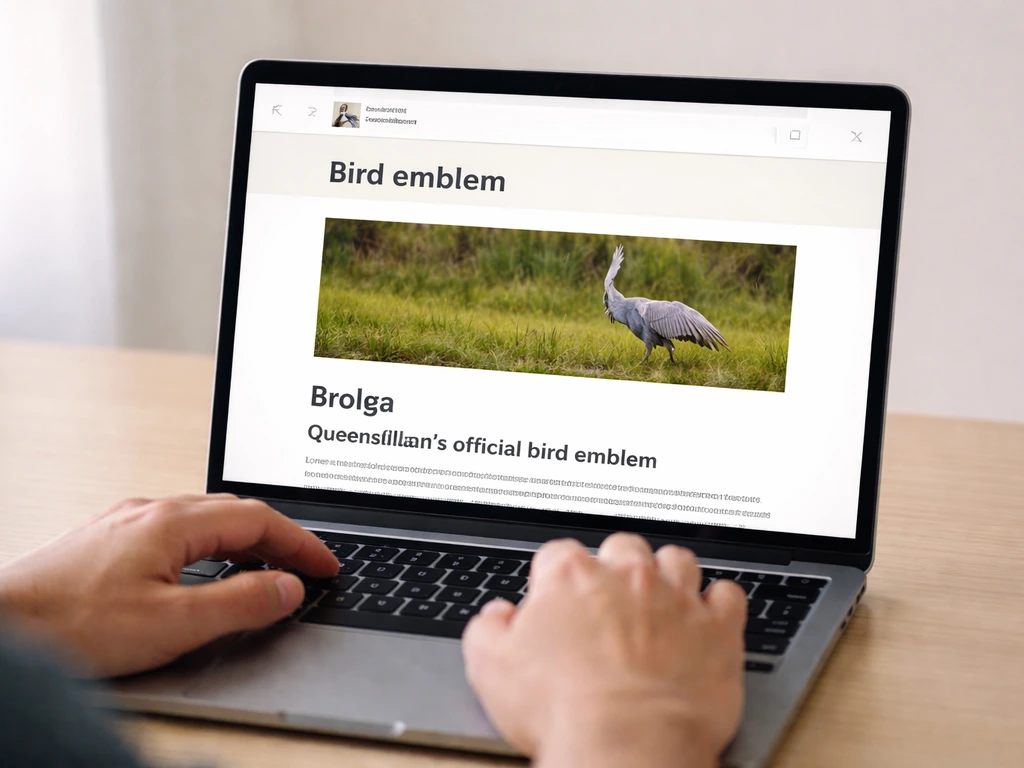 Close-up of a laptop showing an official government webpage that mentions the brolga as Queensland’s bird emblem.