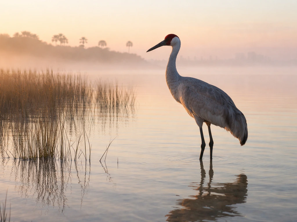 A brolga crane standing in coastal wetland water at sunrise with a subtle Queensland-like skyline backdrop.
