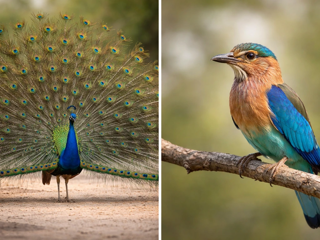 Side-by-side view of an Indian peacock on the left and an Indian roller on the right.