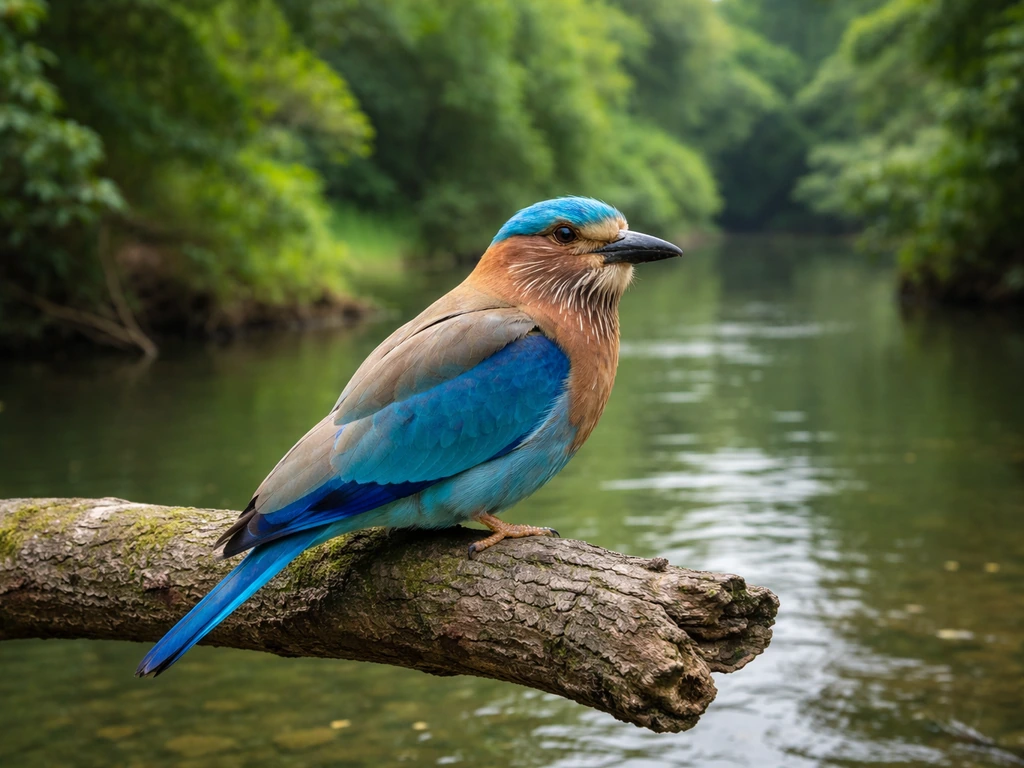 Indian roller perched on a leafy branch near Odisha greenery and waterways