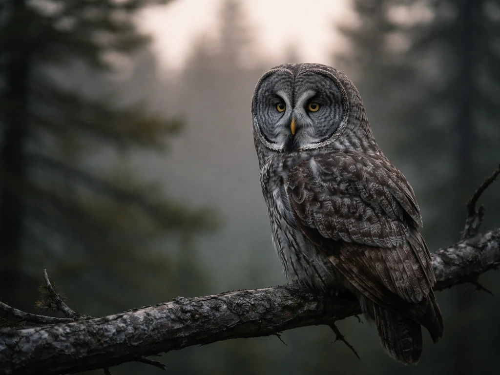 Great gray owl perched in a quiet Manitoba forest, soft dusk light and blurred evergreen background.