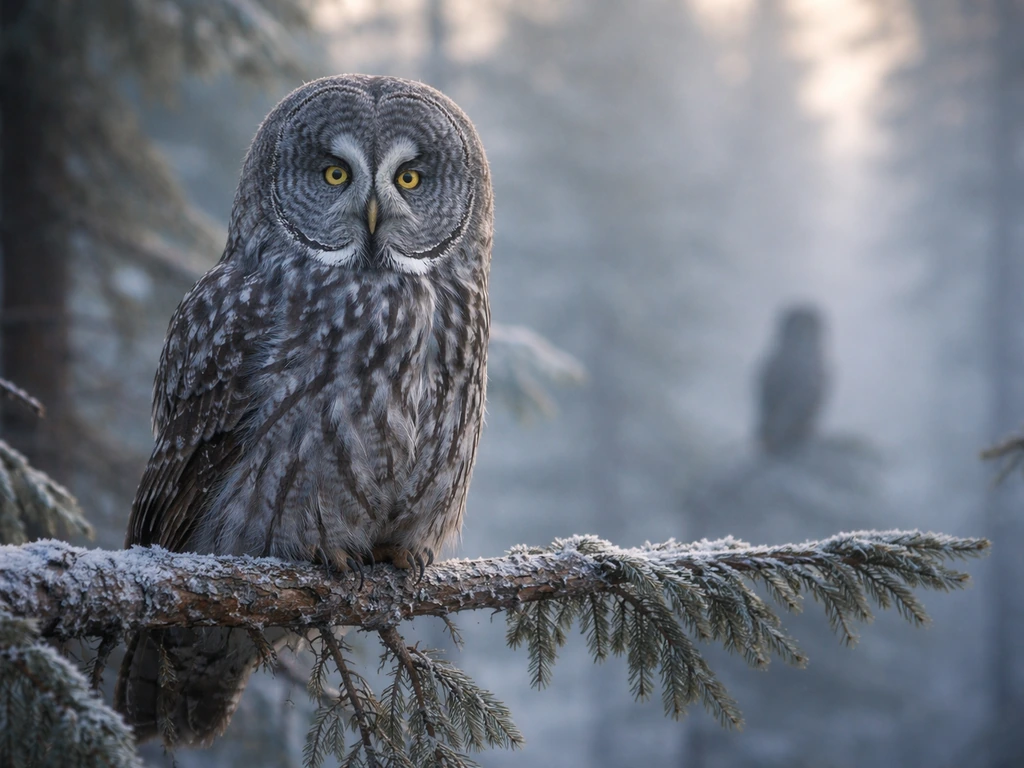 Great Gray Owl perched on spruce in a misty northern forest at dawn, with a subtle owl comparison background.