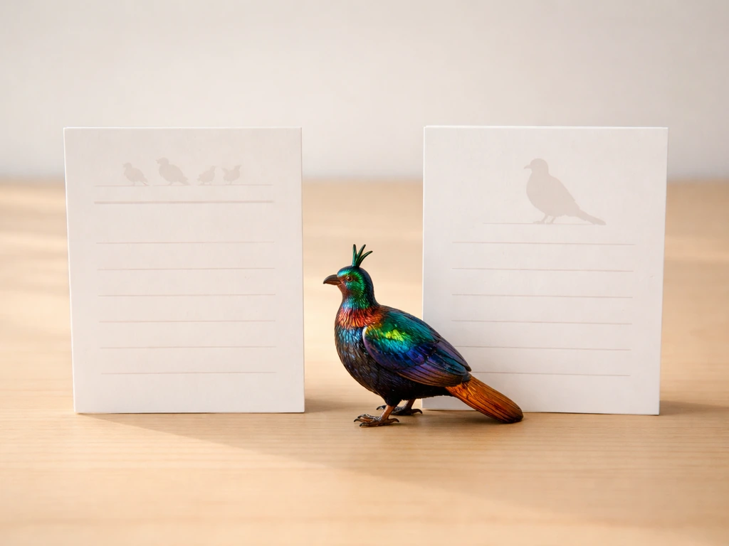 Toy monal-like bird placed between two blank comparison cards on a light desk, shown as a confusion example.