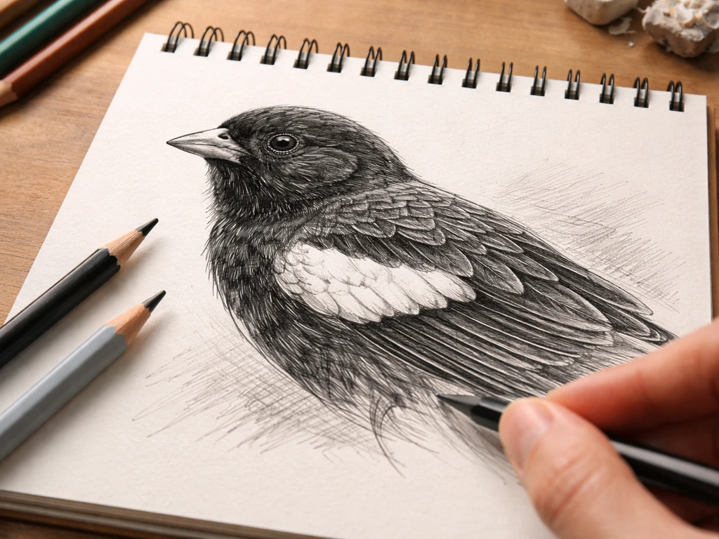 Close-up of colored pencil strokes building texture on a simple black-and-white bird sketch