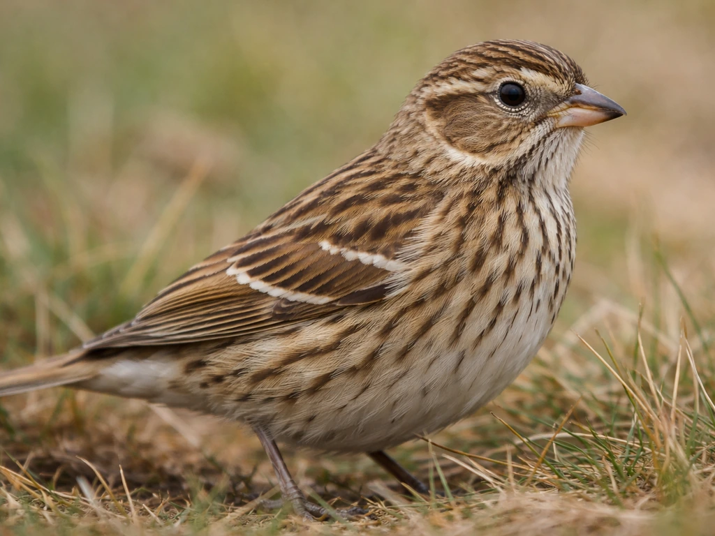 Close-up of a streaky brown lark bunting with buff base and thin dark feather streaks