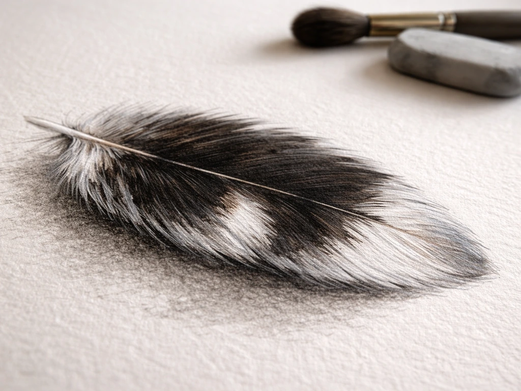 Macro close-up of layered feather drawing showing stroke-direction changes and soft shading shadows
