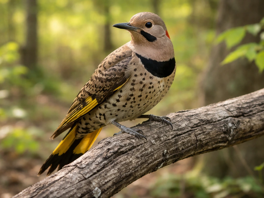 Yellowhammer bird with yellow wing-shaft pattern perched on a tree branch in a natural Alabama woodland edge.