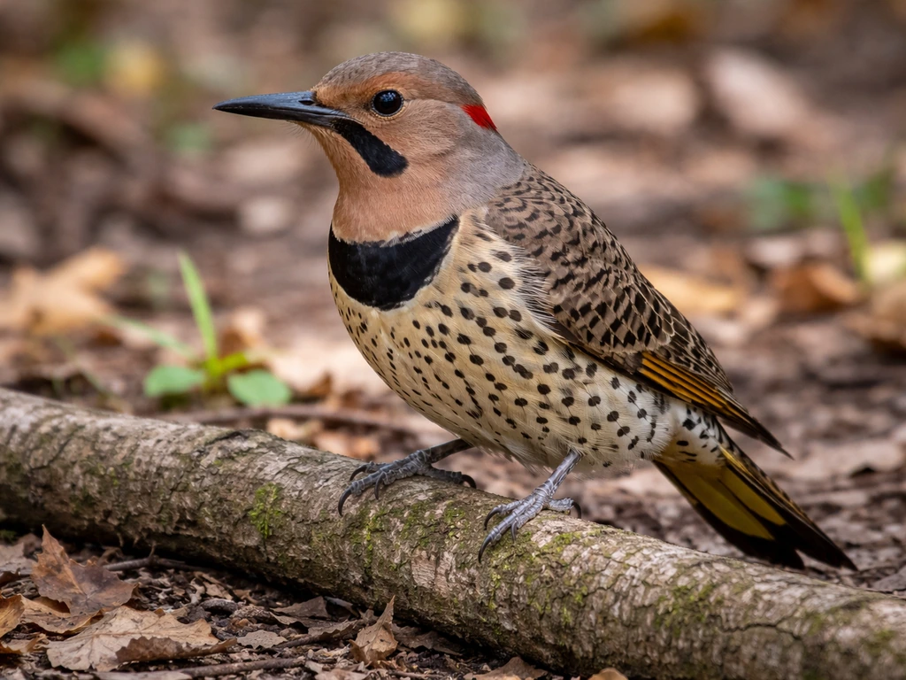 Close-up of a northern flicker (yellowhammer) woodpecker perched above leaf litter, showing brown body and yellowish cue