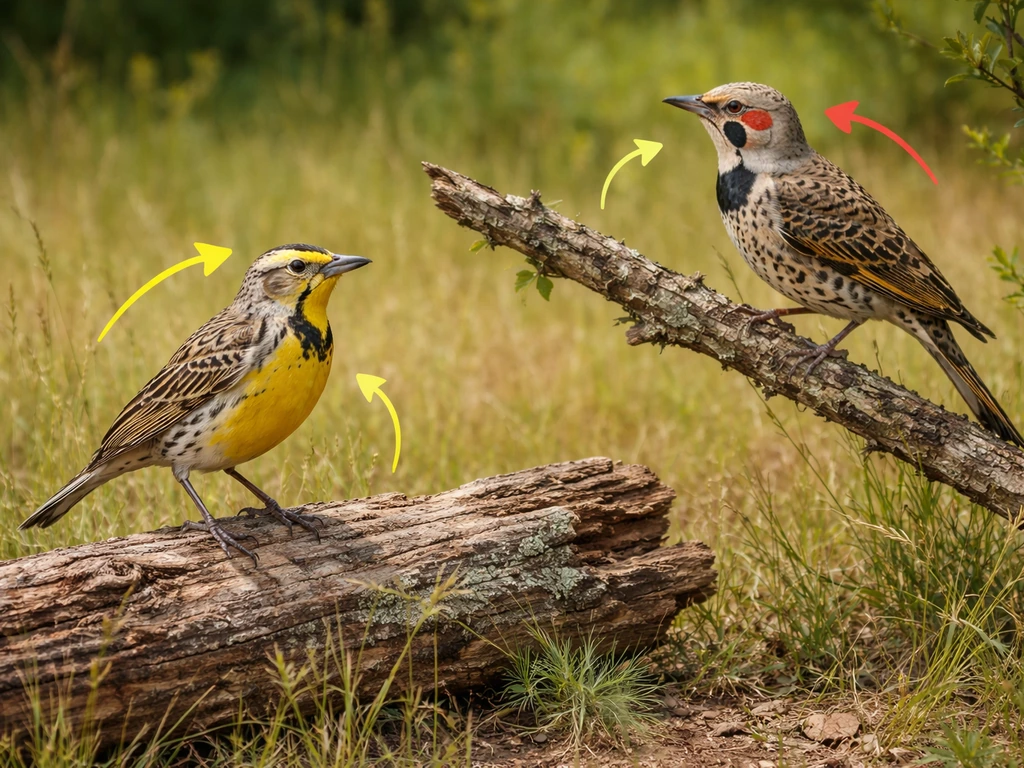 Yellowhammer-like and northern flicker-like birds perched in a simple Alabama field for comparison.